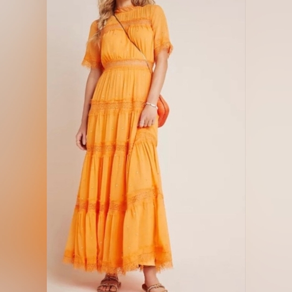 Anthropologie Dresses & Skirts - Anthropologie Orange Ruffled Tiered Gown with Bishop Sleeves
